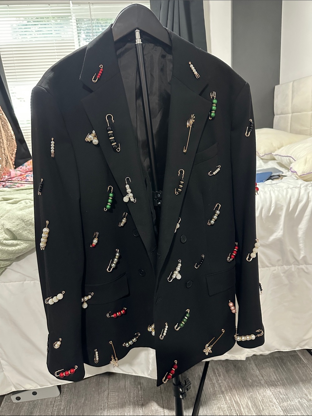 Zara Black Blazer with Beaded Safety Pin Embellishments. Size - M